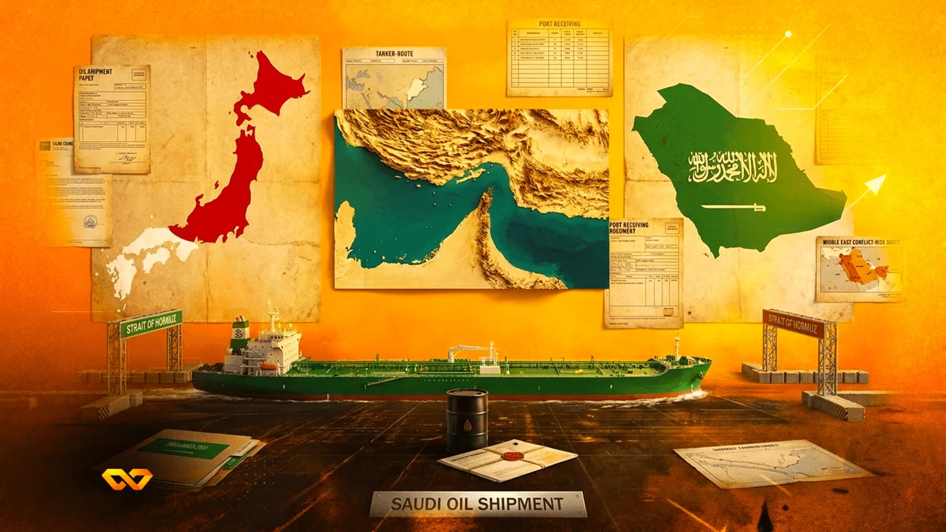 Digital illustration of a green oil tanker, maps of Japan and Saudi Arabia, and an oil barrel on a yellow background.