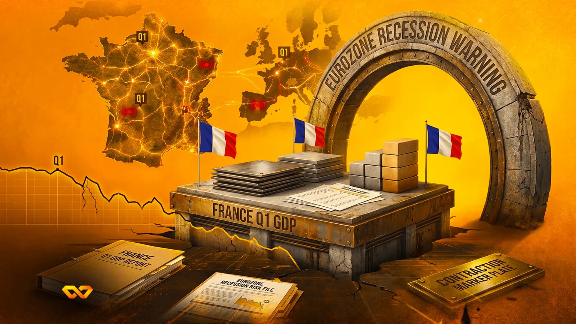 Illustration of a map of France, French flags, and text about Eurozone recession and Q1 GDP on an orange background.