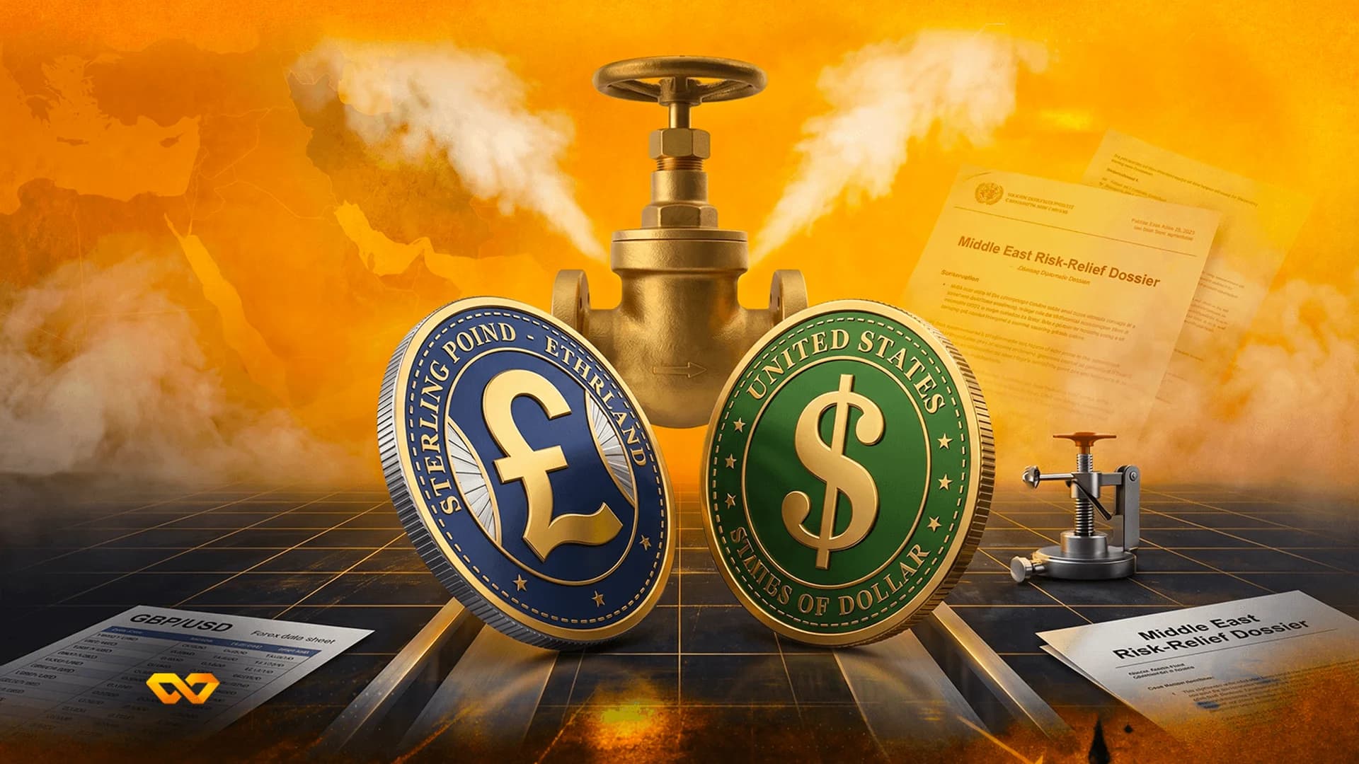 British Pound and US Dollar coins in front of a steaming golden valve and Middle East risk relief dossiers.
