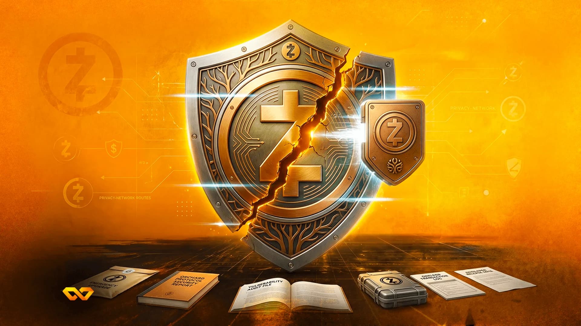 A cracked metallic shield with a Z logo, surrounded by security reports and audit files on an orange background.