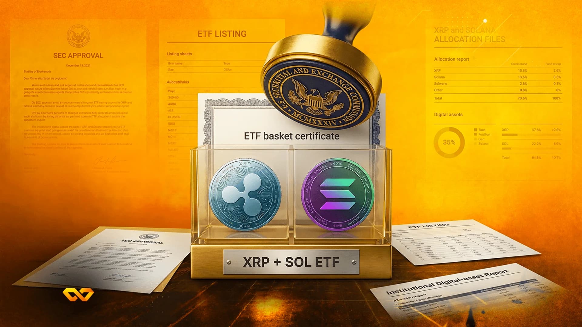 A gold SEC stamp over a glass case containing XRP and Solana coins, with 'XRP + SOL ETF' on a plaque.