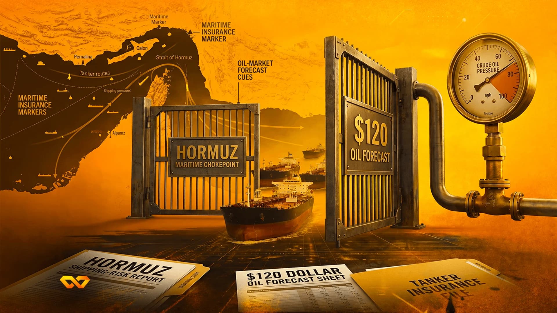 Conceptual illustration of oil tankers passing through a gate labeled Hormuz Maritime Chokepoint with a pressure gauge.