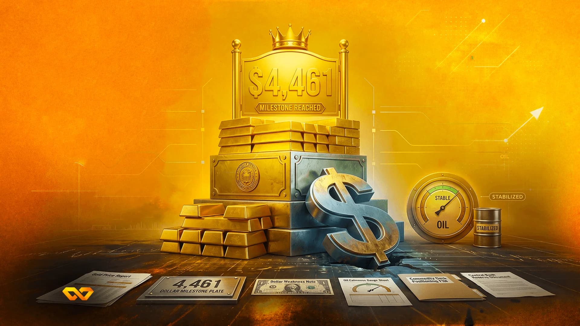Golden plaque with $4,461 milestone text, gold bars, a metallic dollar sign, and an oil stability gauge.