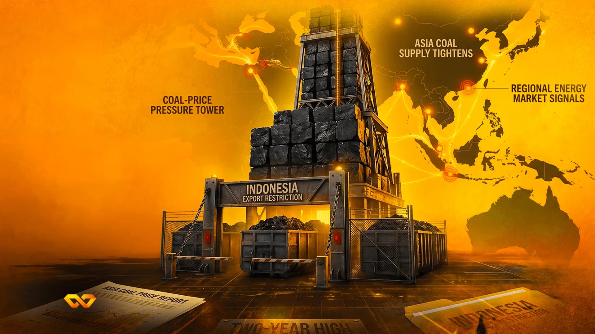 Illustration of a coal tower and carts behind a gate labeled Indonesia Export Restriction against an orange map.