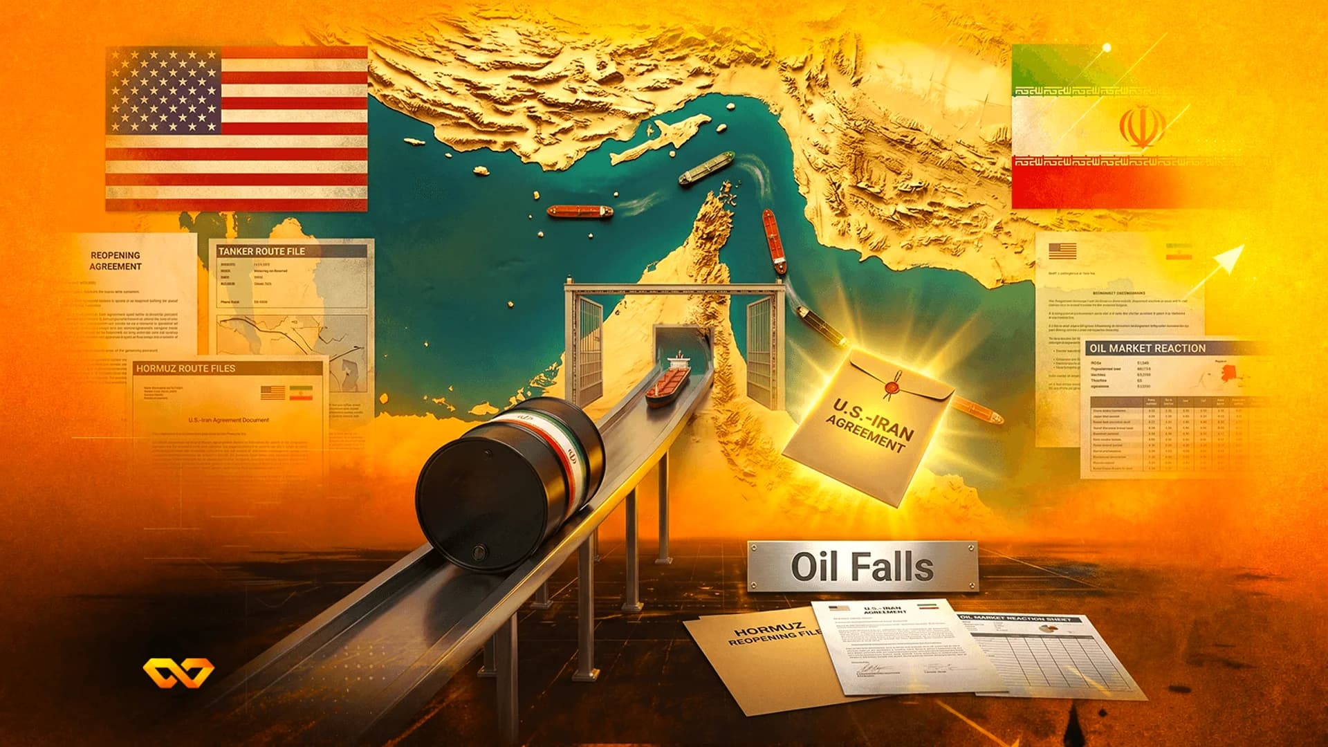 Illustration of an oil barrel on a conveyor belt with US and Iran flags over a map of the Strait of Hormuz.