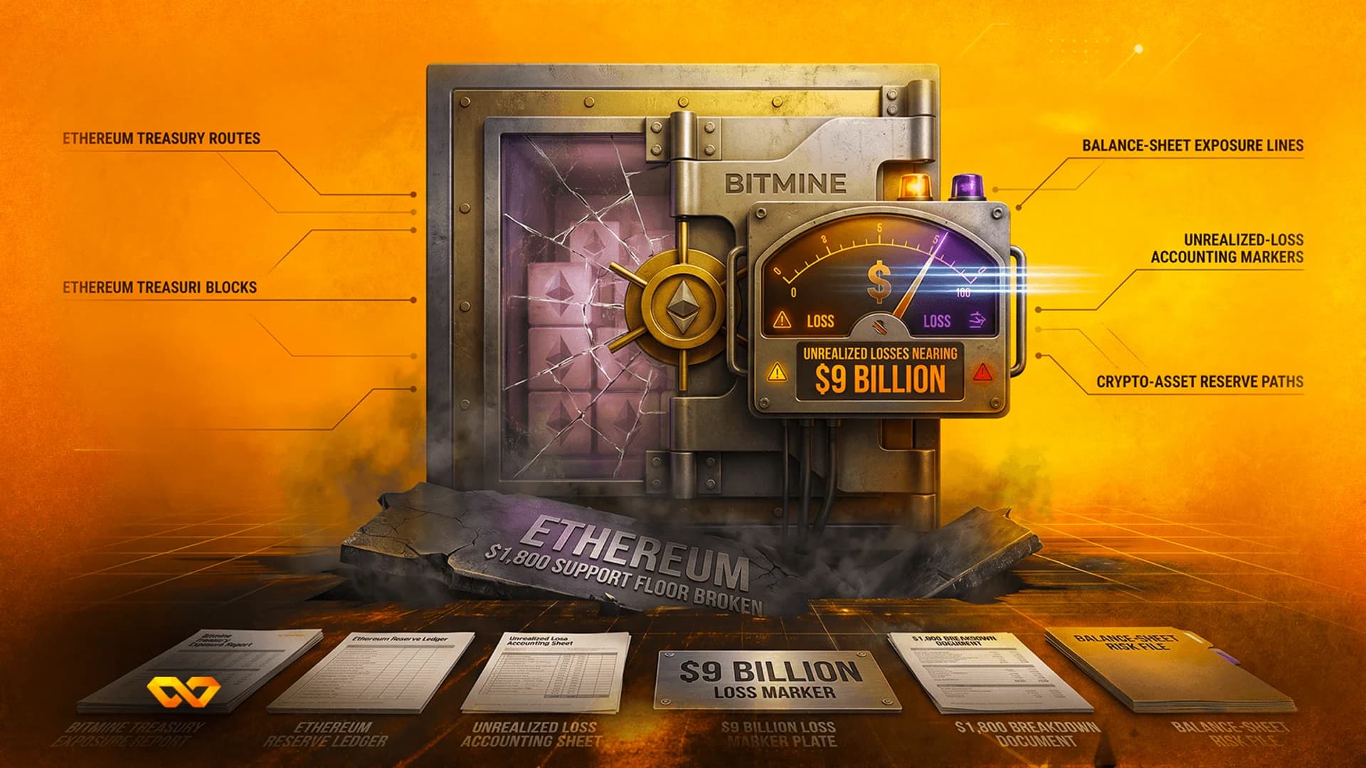 A cracked metal vault labeled Bitmine containing Ethereum blocks, with a gauge showing a $9 billion loss.