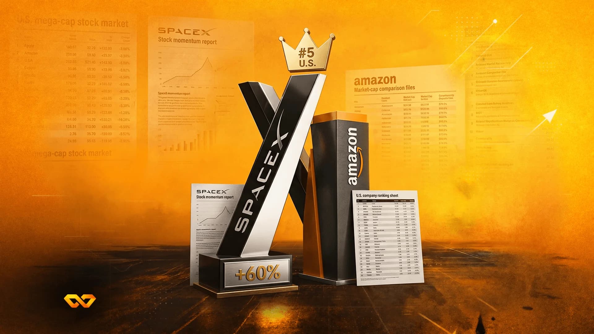 Stylized illustration of a SpaceX trophy with a crown and an Amazon pillar surrounded by financial charts and tables.