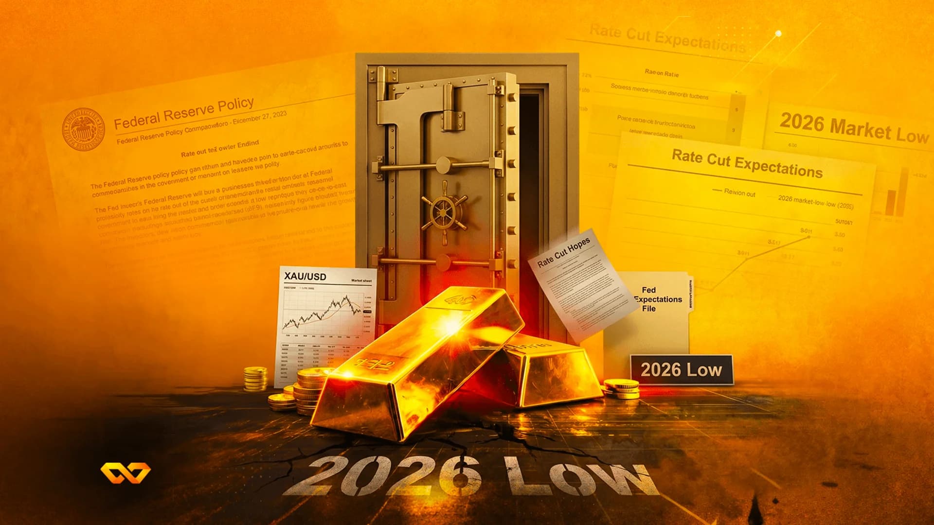 Gold bars in front of an open vault with documents about Federal Reserve policy and rate cut expectations.