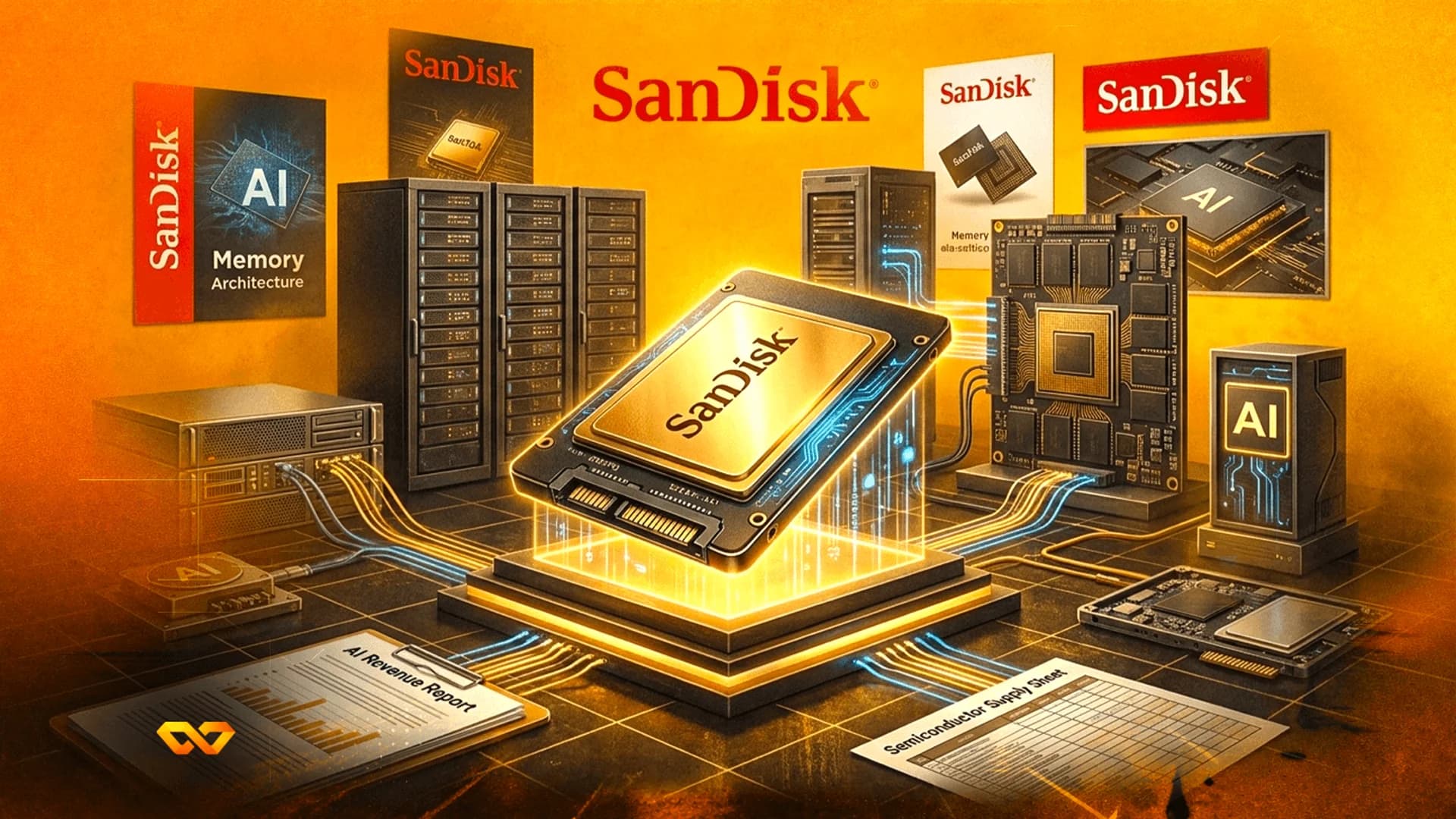Digital illustration of SanDisk memory hardware and server racks in a glowing orange data center.