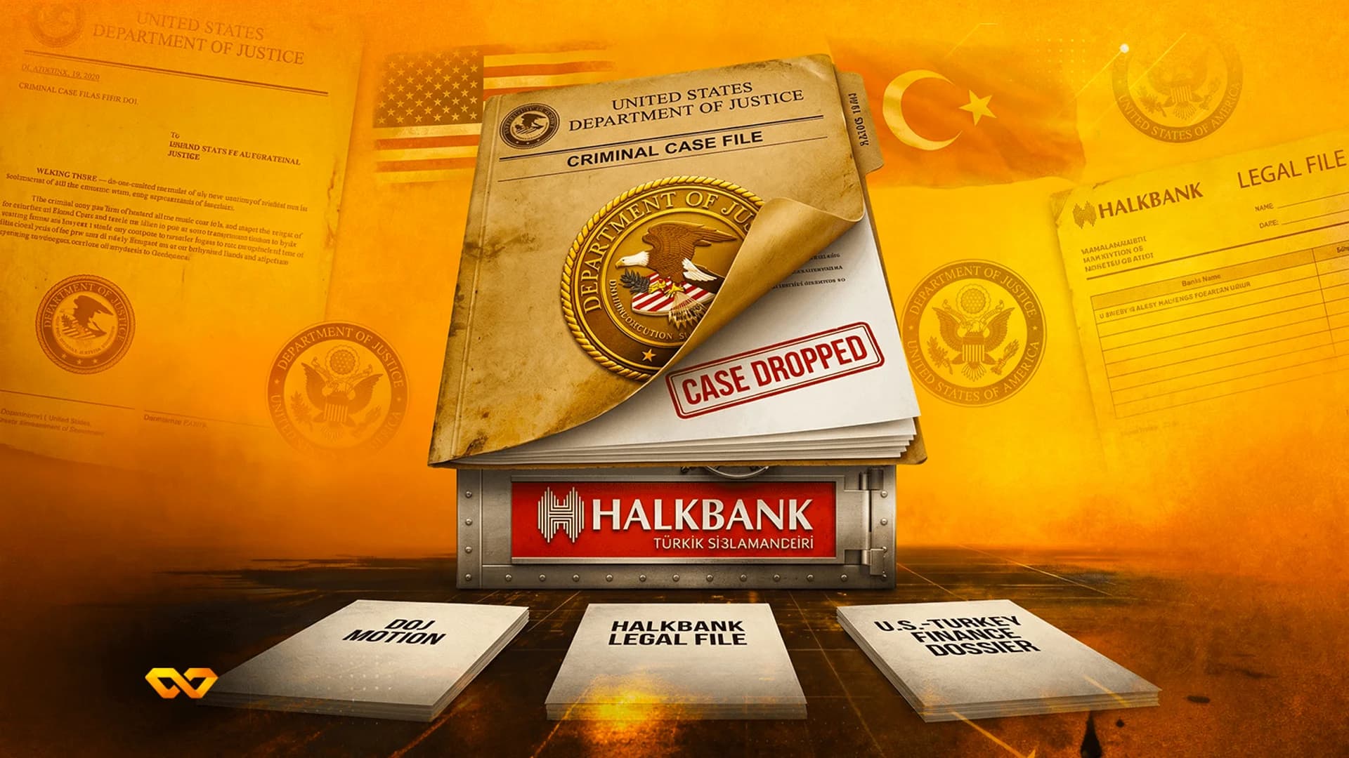 DOJ criminal case file with a 'CASE DROPPED' stamp over a Halkbank box, featuring US and Turkish flags.