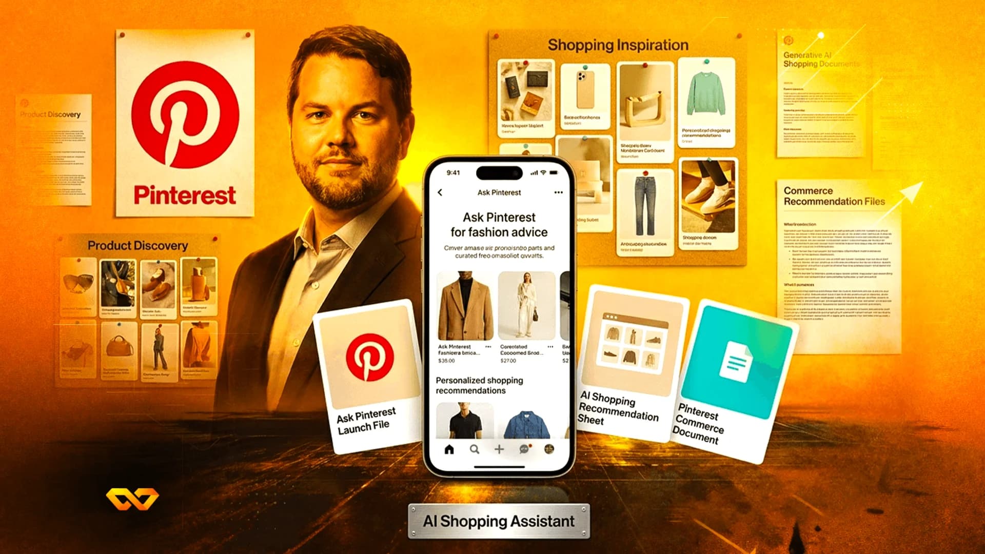 A man stands behind a smartphone displaying a Pinterest AI shopping interface, surrounded by Pinterest-themed documents.