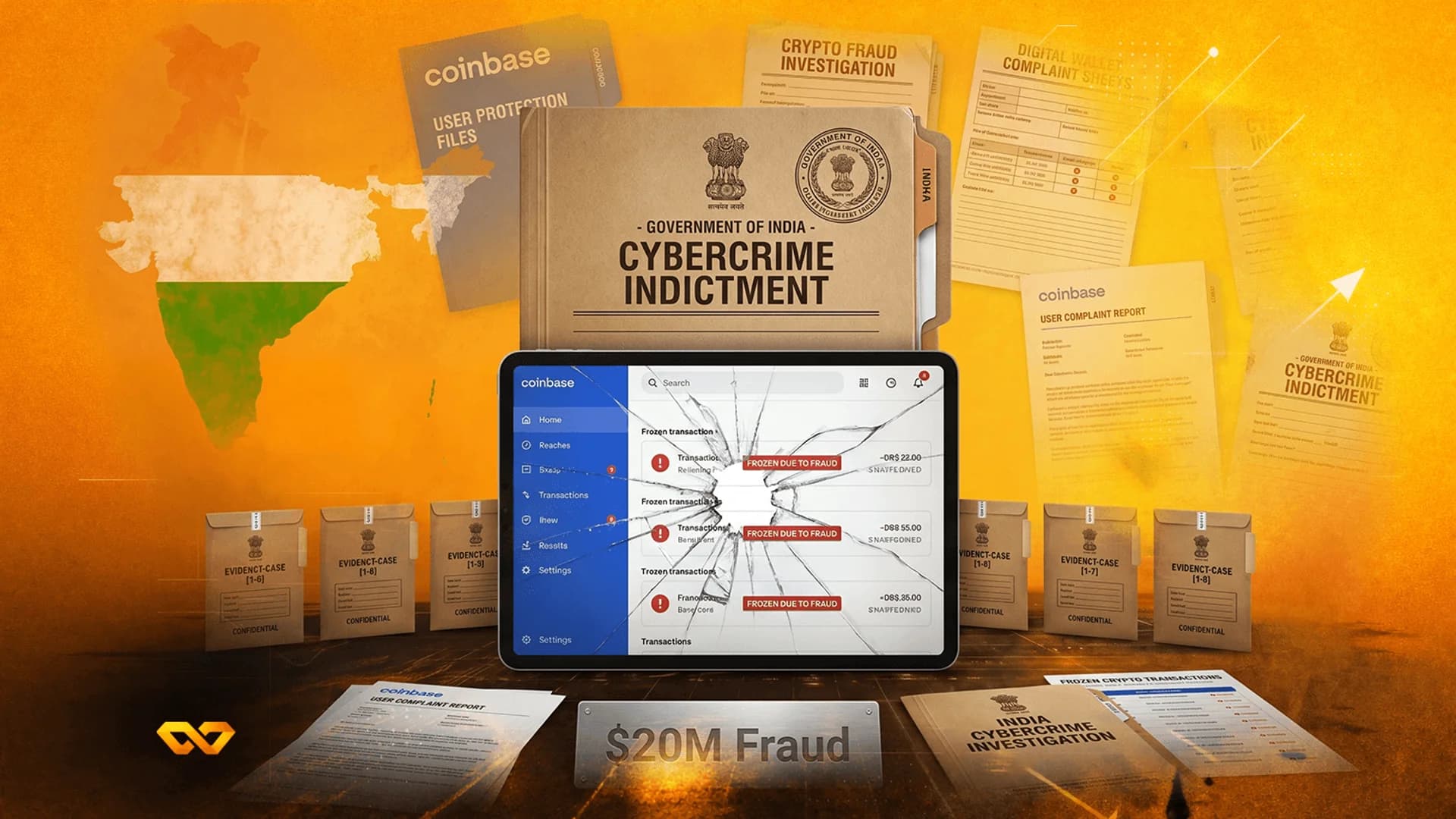 A cracked tablet displays frozen Coinbase transactions alongside Indian government cybercrime indictment folders.