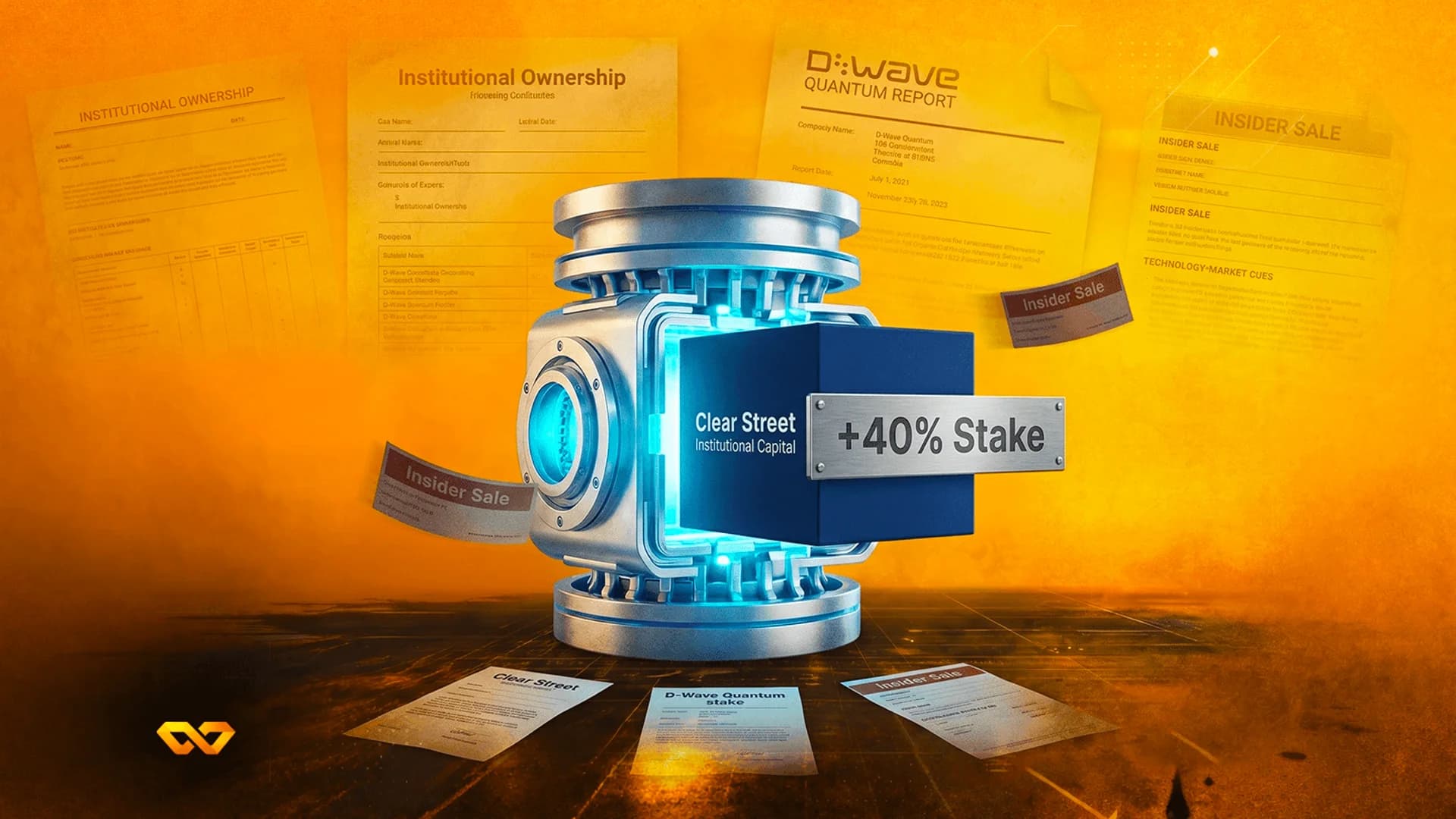 Futuristic device with a blue core and financial documents on an orange background.