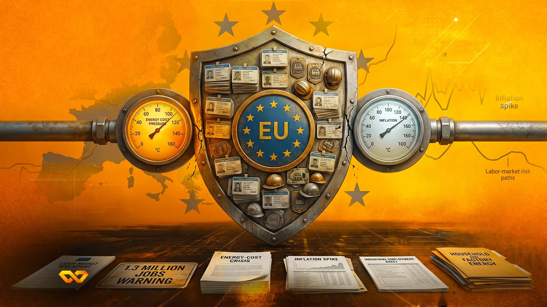 EU shield between energy and inflation gauges, with economic reports on a dark surface against an orange background.