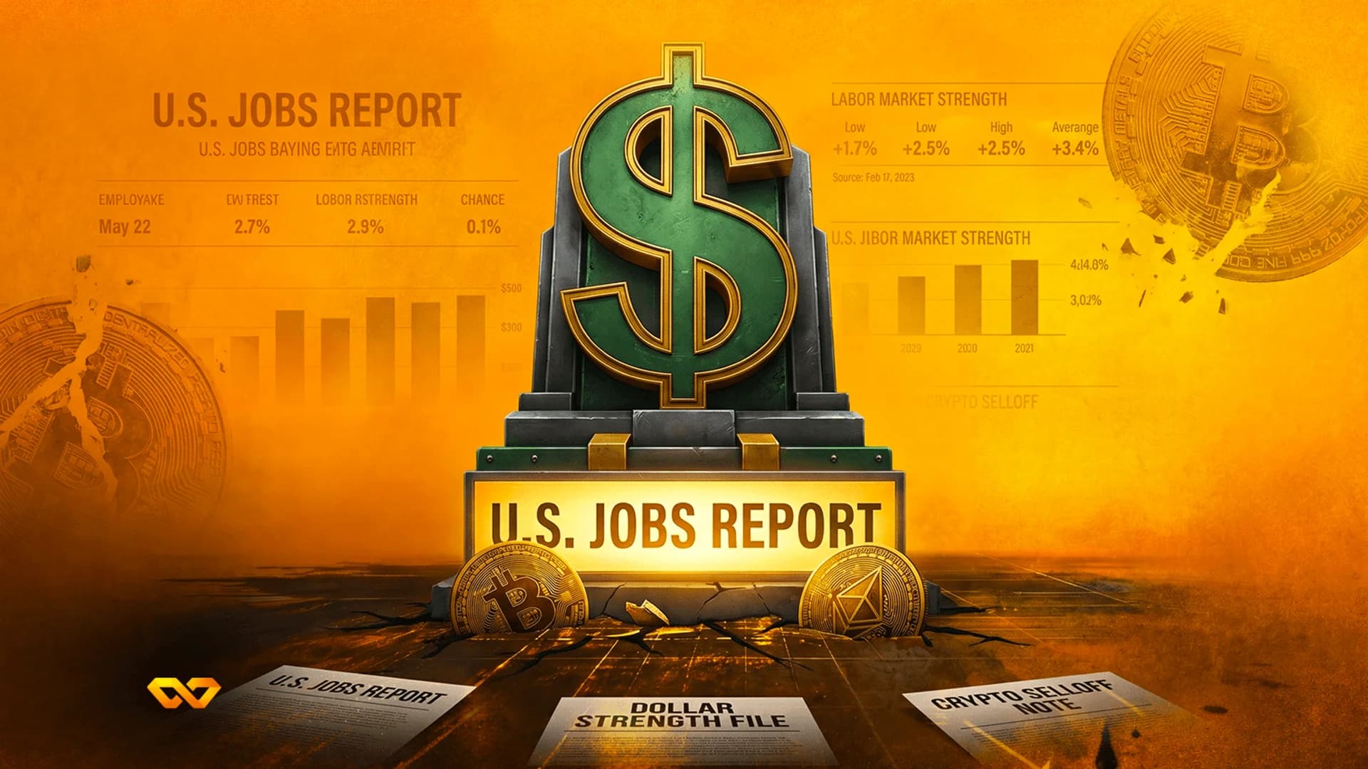 Large green dollar sign on a pedestal above a glowing 'U.S. JOBS REPORT' sign, with Bitcoin and Ethereum coins.