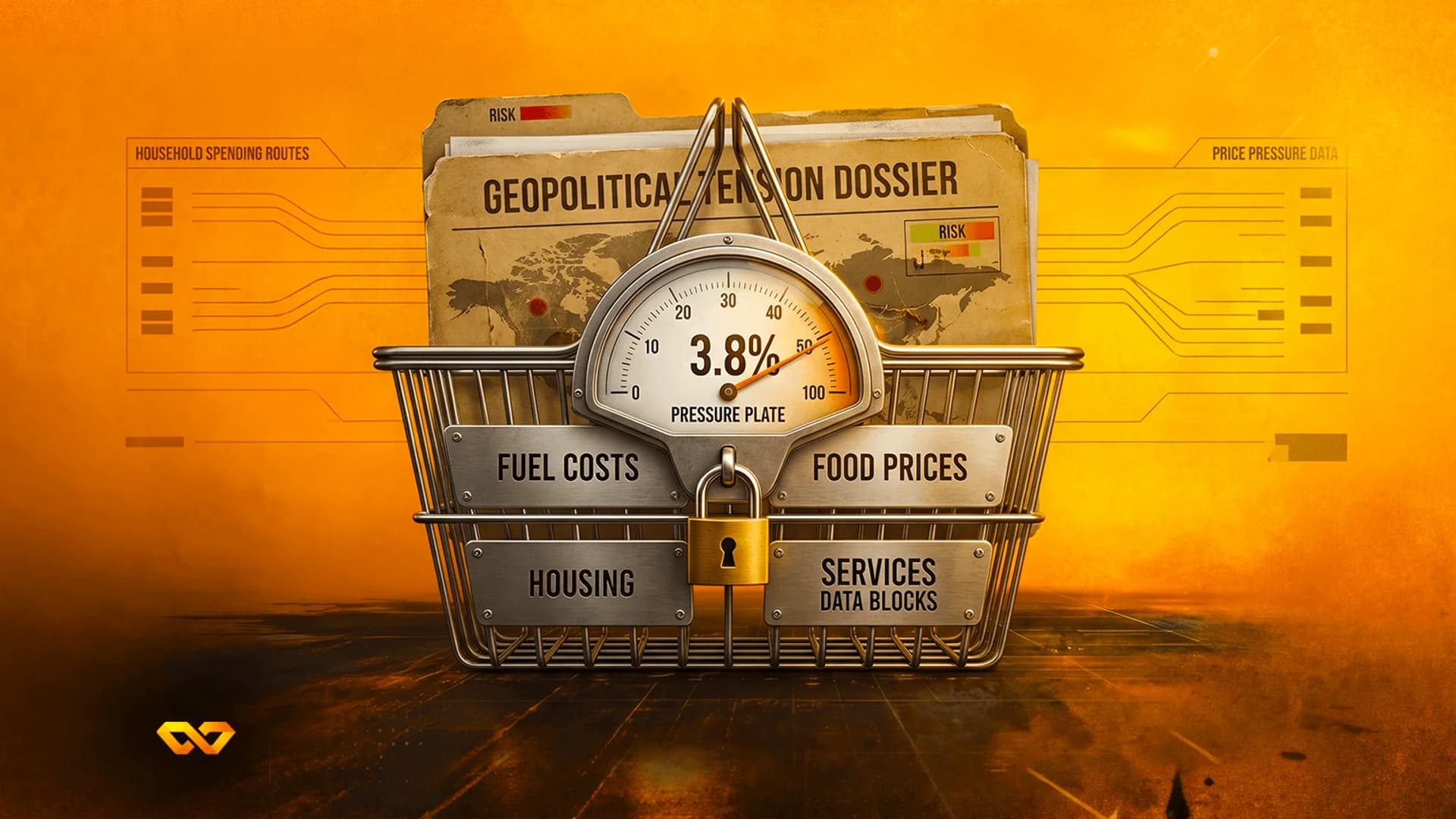 A shopping basket holding a geopolitical dossier, a gauge reading 3.8%, and labels for fuel, food, and housing.