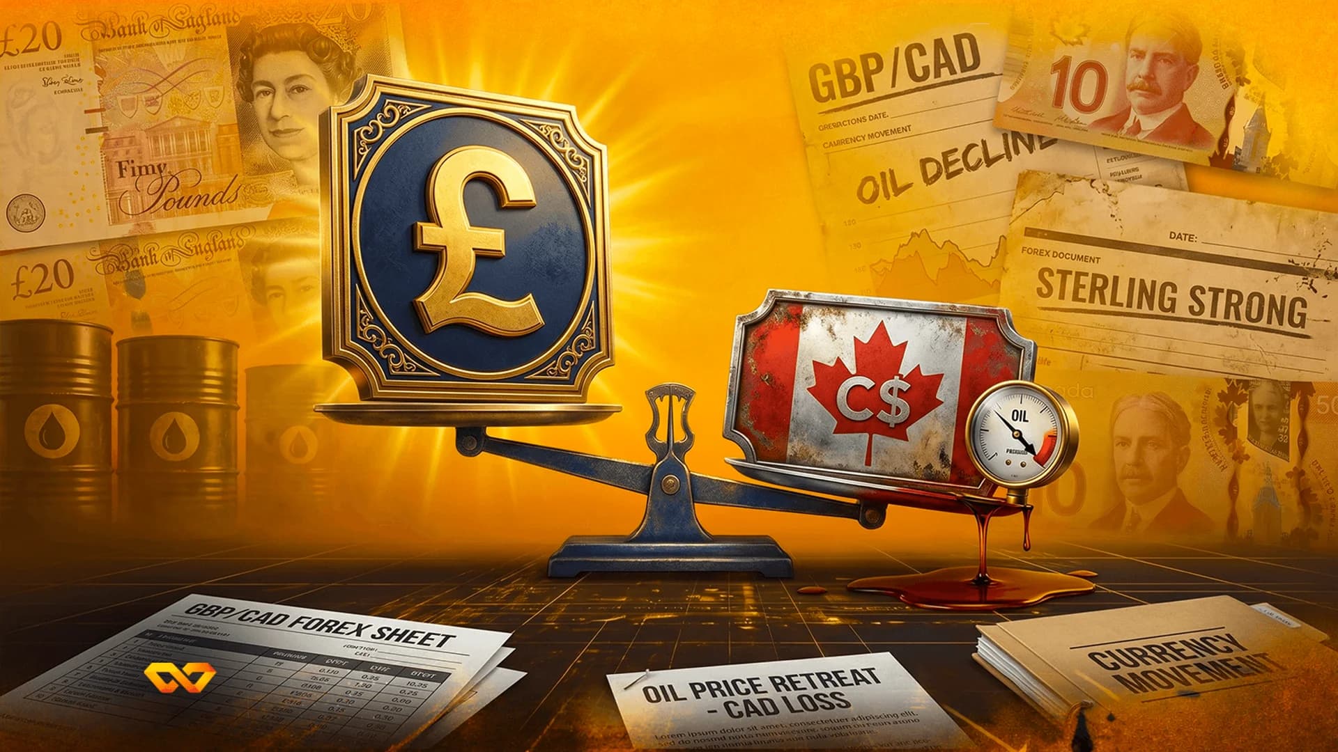 Scale balancing a gold pound symbol and a Canadian flag with C$ symbol, near oil barrels and currency documents.