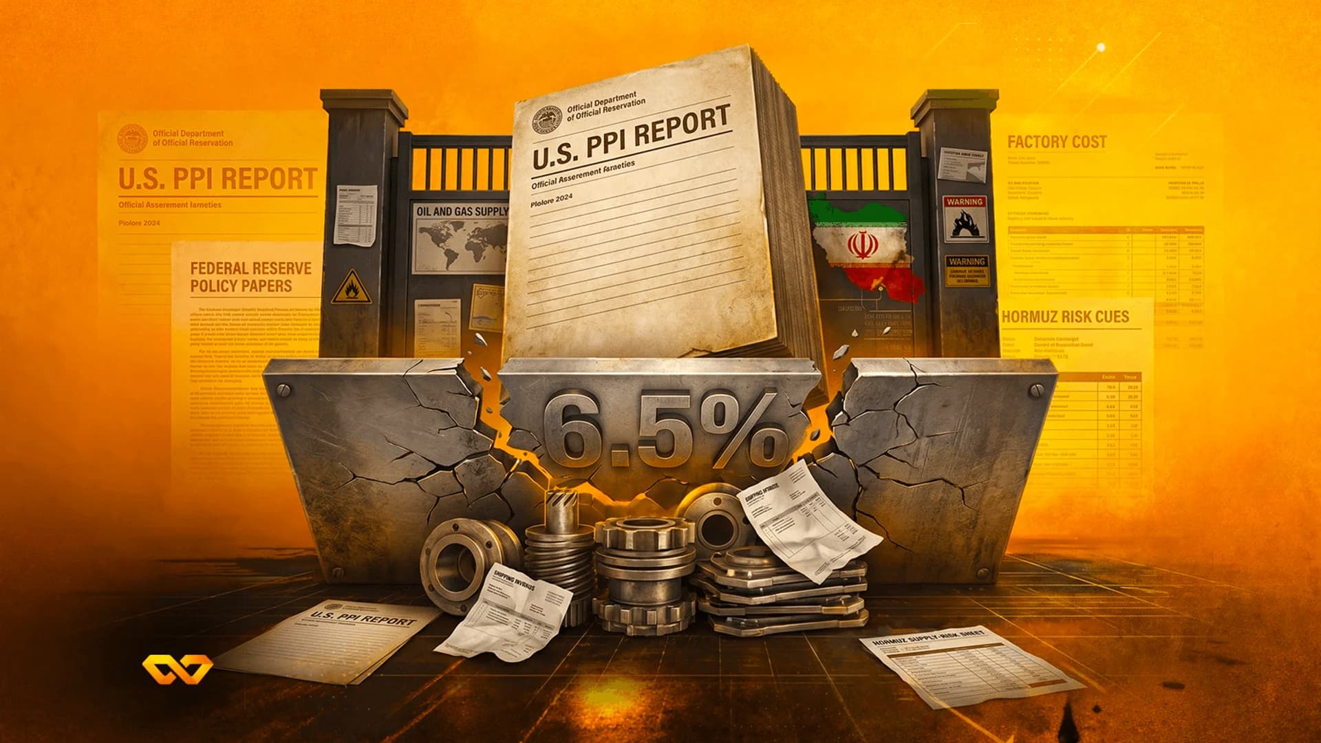 Digital illustration of a U.S. PPI Report on a cracked metal block with 6.5% text, gears, and an Iran flag map.