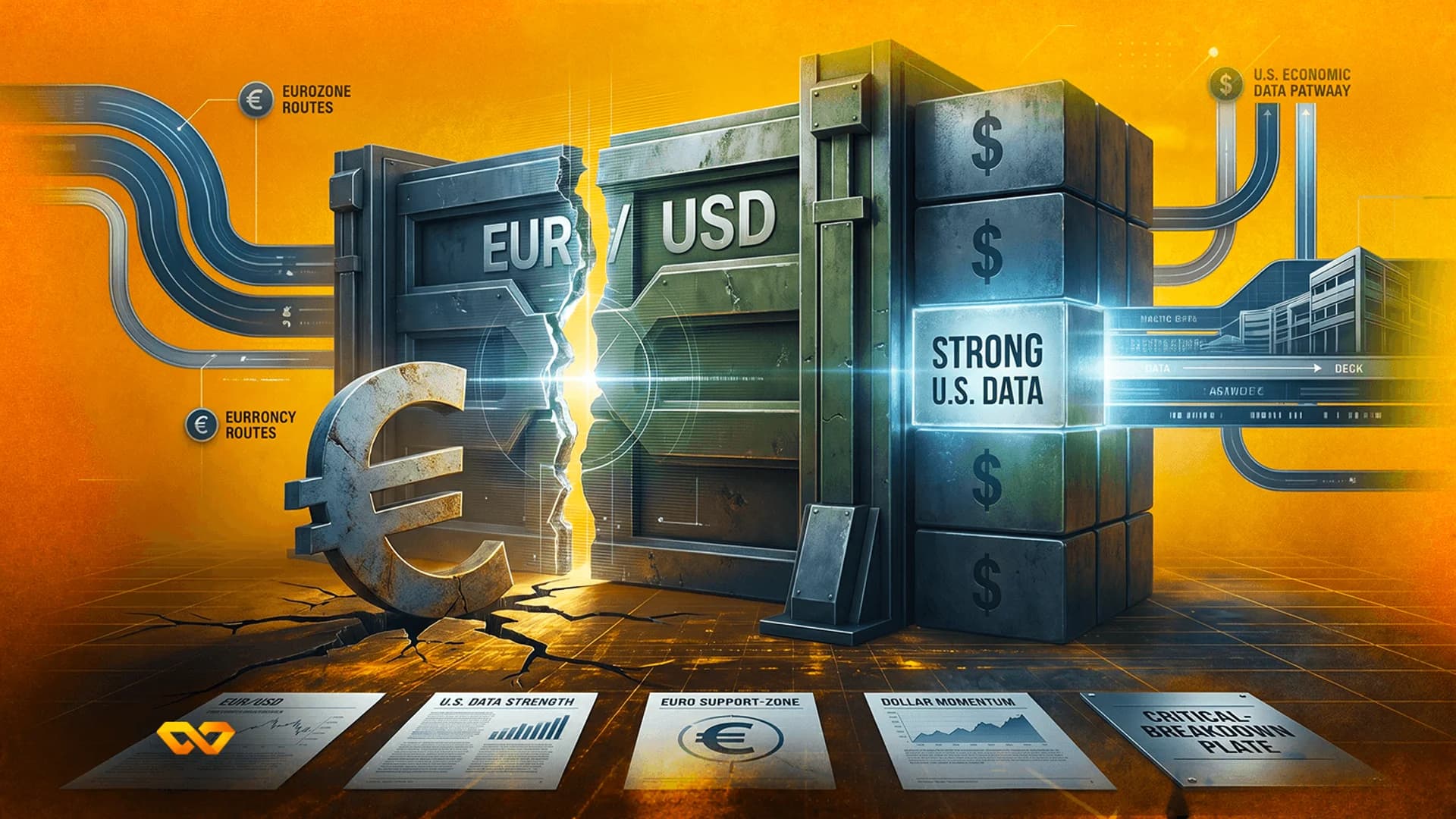 Cracked metallic wall labeled EUR/USD with a large euro symbol and glowing blocks marked with dollar signs.