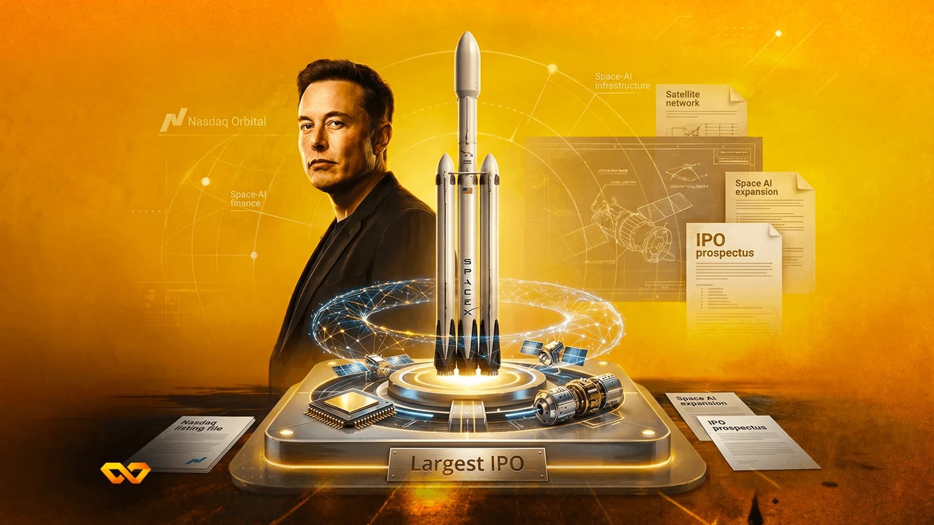Digital illustration of Elon Musk, a SpaceX rocket, and IPO documents on a futuristic platform.