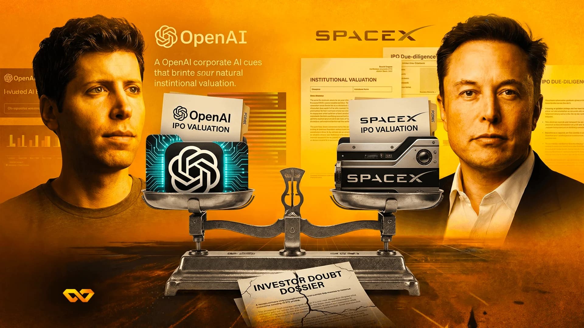 Sam Altman and Elon Musk on either side of a balance scale holding OpenAI and SpaceX IPO valuation documents.