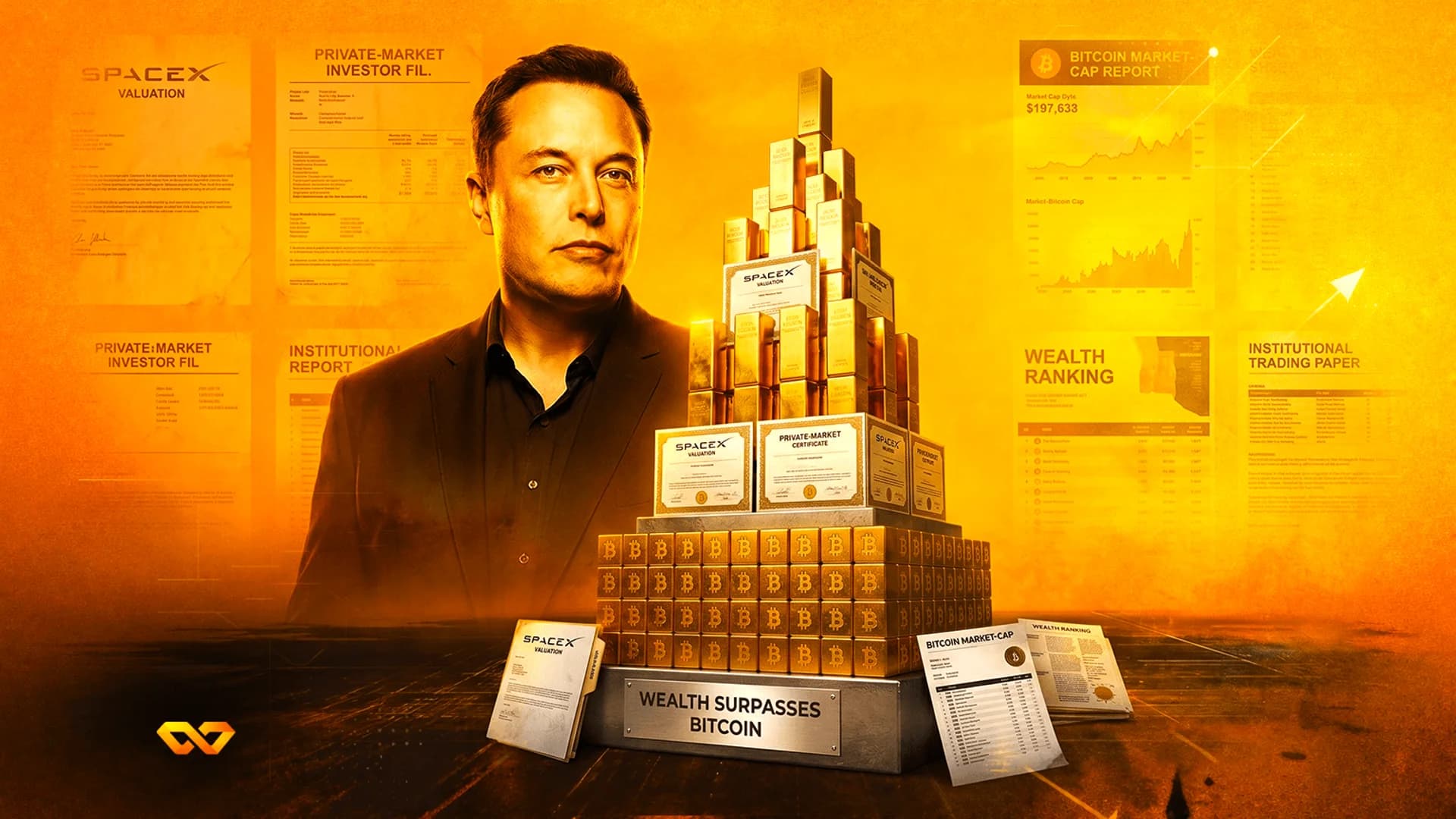 Elon Musk portrait with a pyramid of gold bars and Bitcoin blocks, surrounded by financial documents.