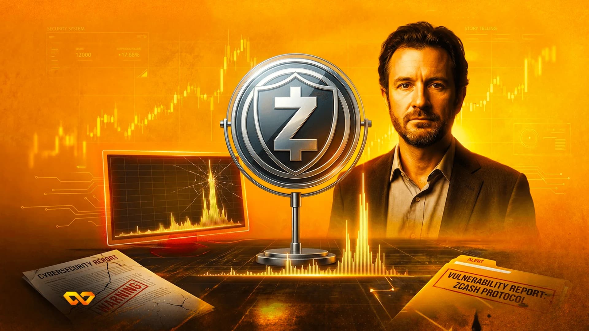 Man next to a large Zcash coin, a cracked monitor, and cybersecurity reports on an orange background.