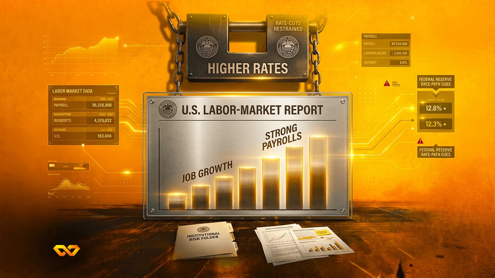 A metallic plaque with a bar chart titled U.S. Labor-Market Report, hanging below a padlock labeled Higher Rates.