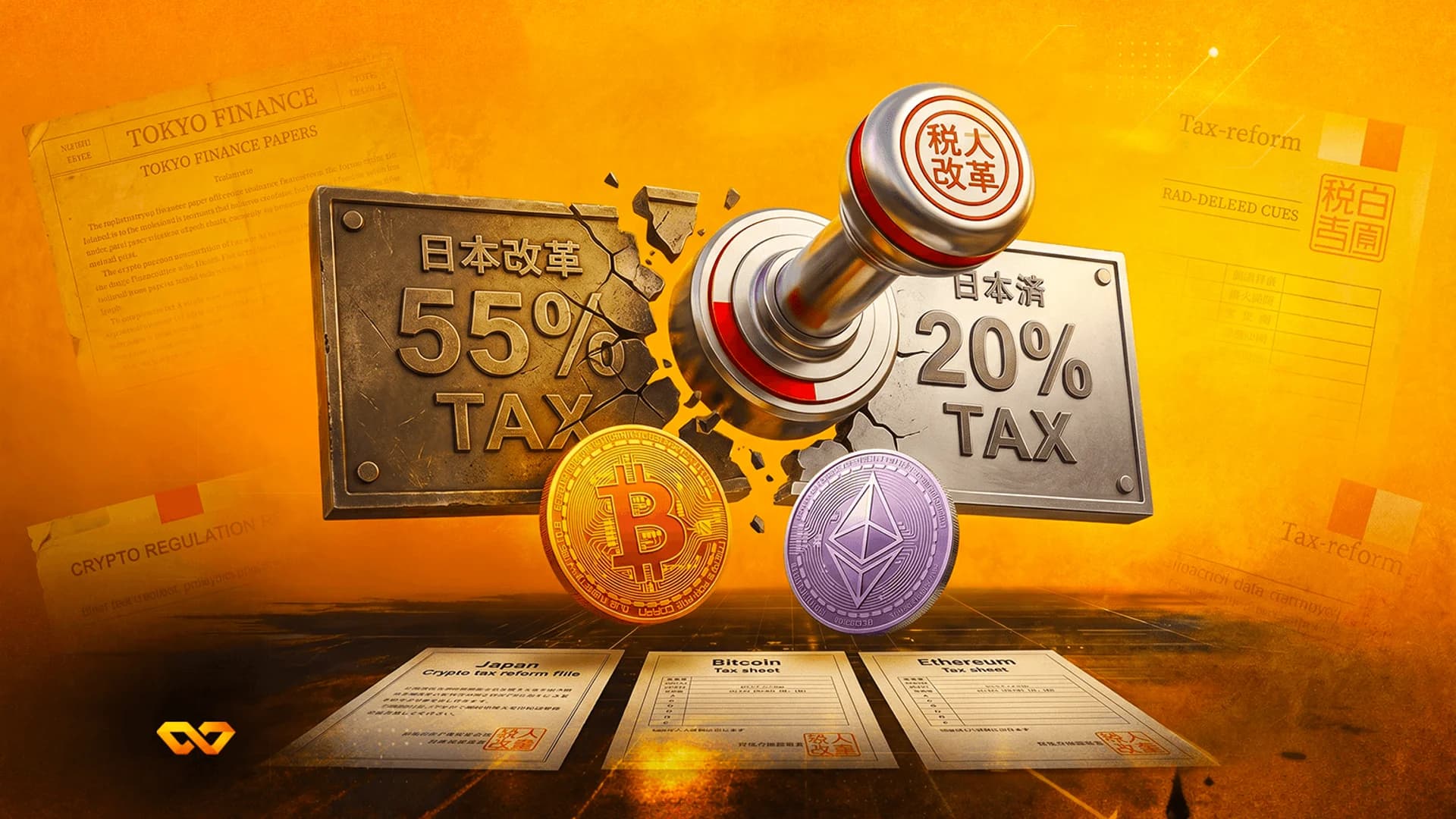 A metal stamp breaks a 55% TAX plate to reveal a 20% TAX plate, with Bitcoin and Ethereum coins below.