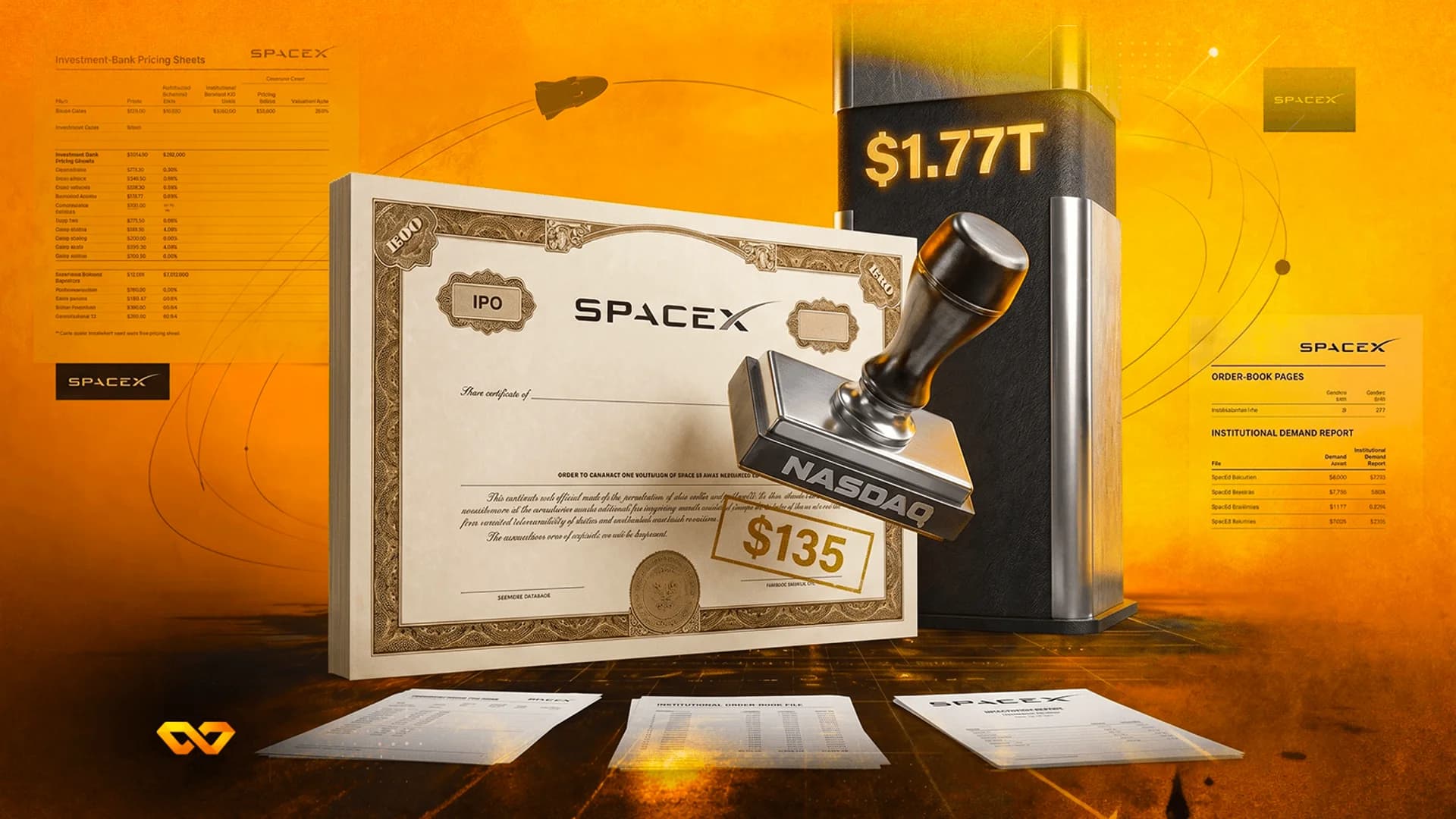 SpaceX IPO certificate on an orange background with a NASDAQ stamp, pricing sheets, and a $1.77T valuation block.
