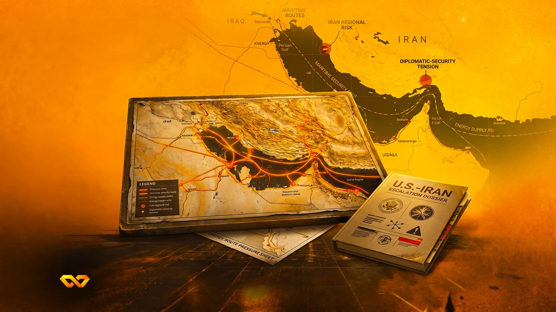 A map of the Persian Gulf and Iran with glowing orange energy routes next to a U.S.-Iran escalation dossier.