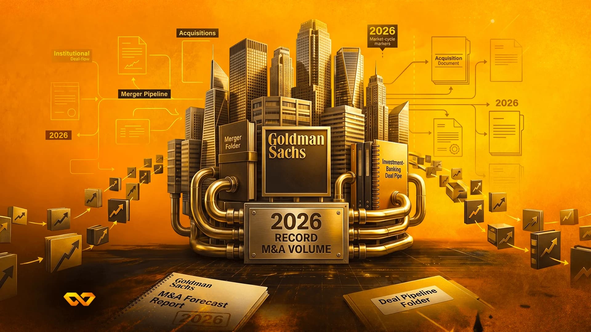 Golden cityscape illustration with Goldman Sachs logo, financial charts, and text reading 2026 Record M&A Volume.