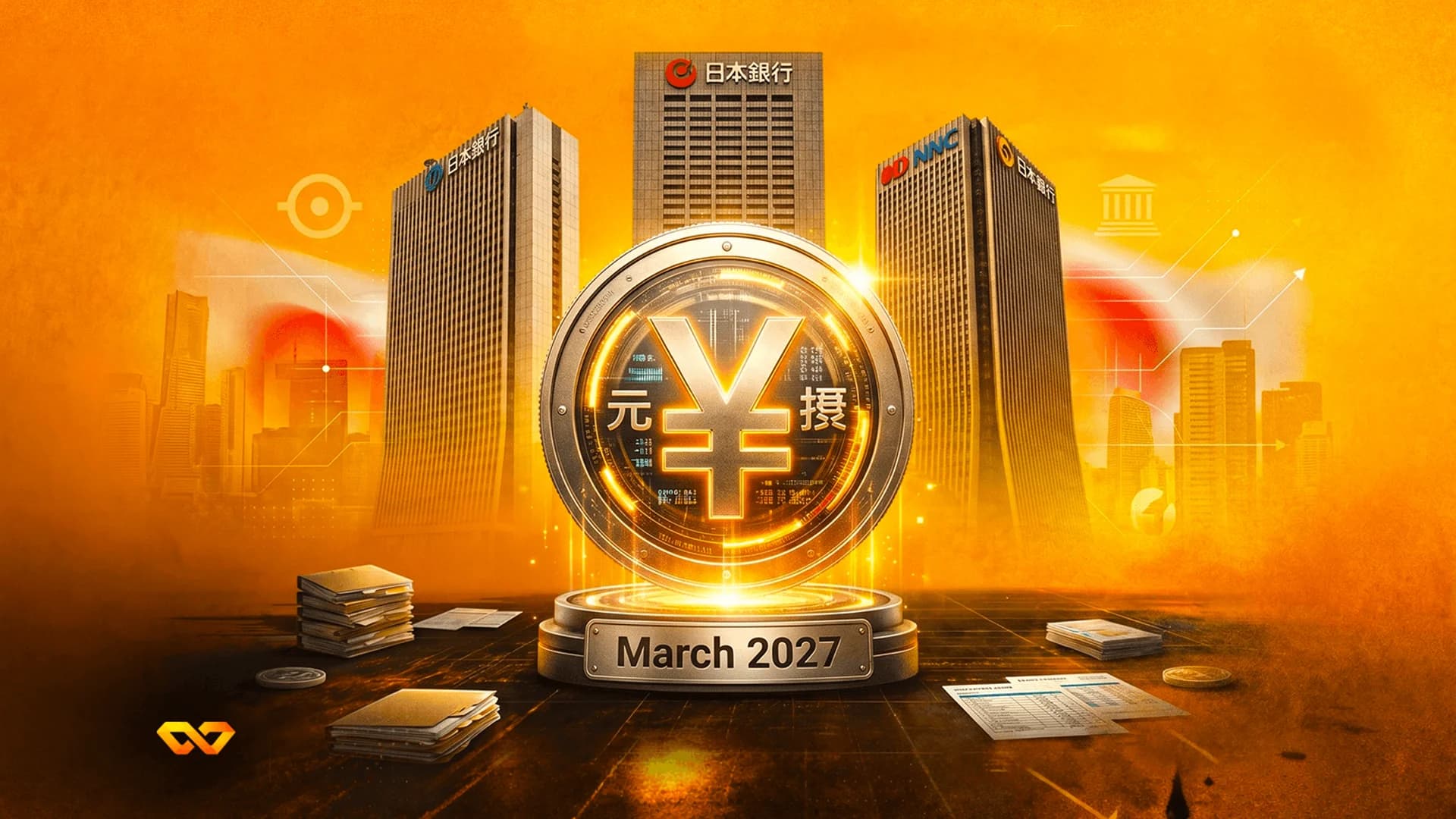 A golden Yen coin on a pedestal marked March 2027, with Bank of Japan skyscrapers in the background.