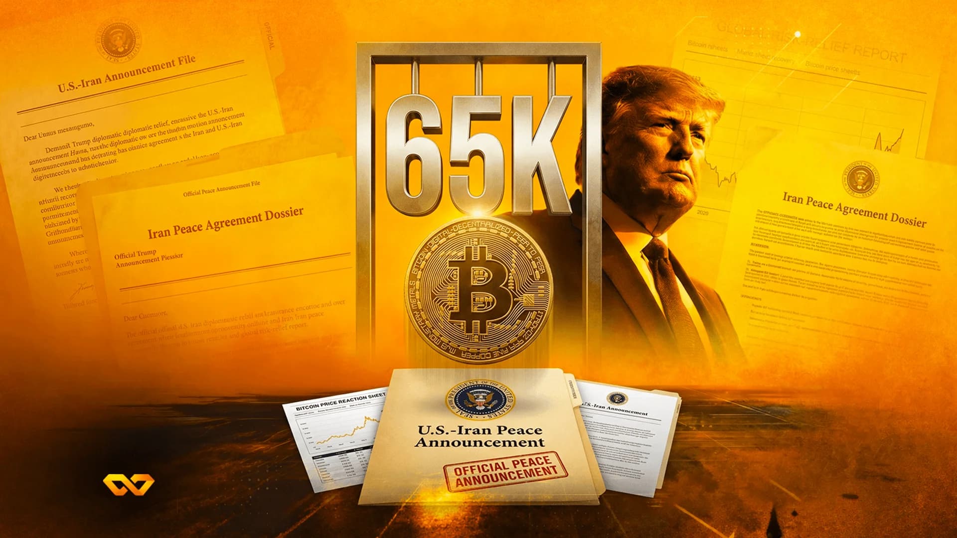 كولاج يضم دونالد ترامب، ورقم 65K فضي كبير، وعملة بيتكوين، ومجلدات تحمل عنوان إعلان السلام بين أمريكا وإيران.