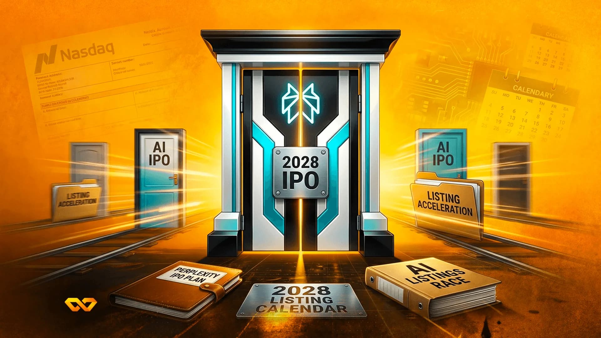 Futuristic door labeled 2028 IPO with folders and notebooks about AI listings on an orange background.