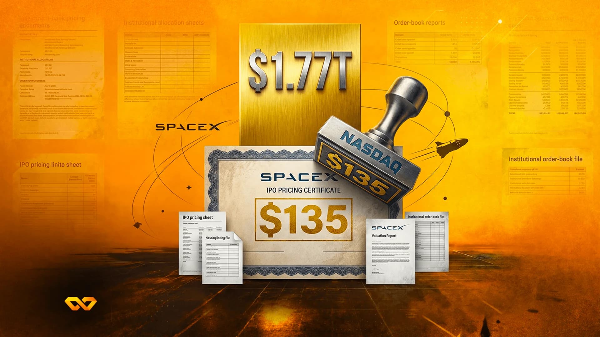 كتلة ذهبية بقيمة 1.77 تريليون دولار خلف شهادة اكتتاب سبيس إكس بقيمة 135 دولاراً مع ختم ناسداك.