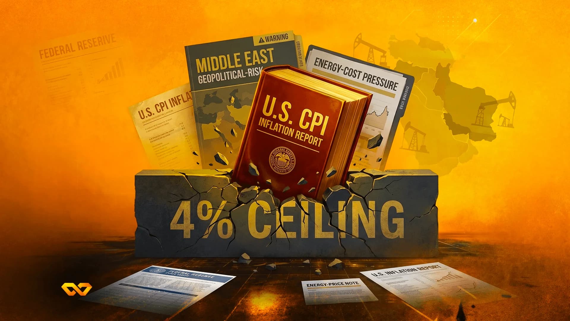 Red book titled U.S. CPI Inflation Report breaking through a stone block labeled 4% Ceiling against an orange backdrop.
