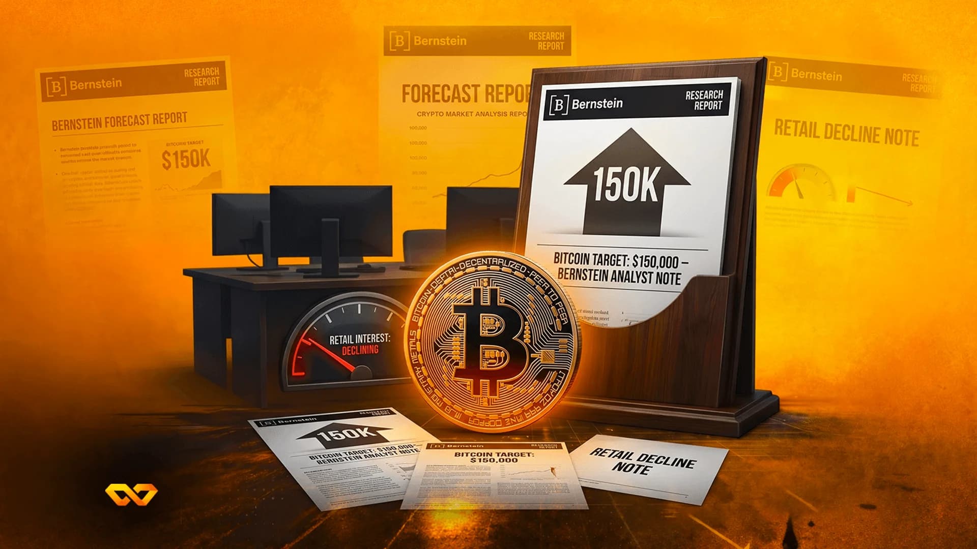A physical Bitcoin coin sits among Bernstein research reports showing a $150,000 price target on an orange background.