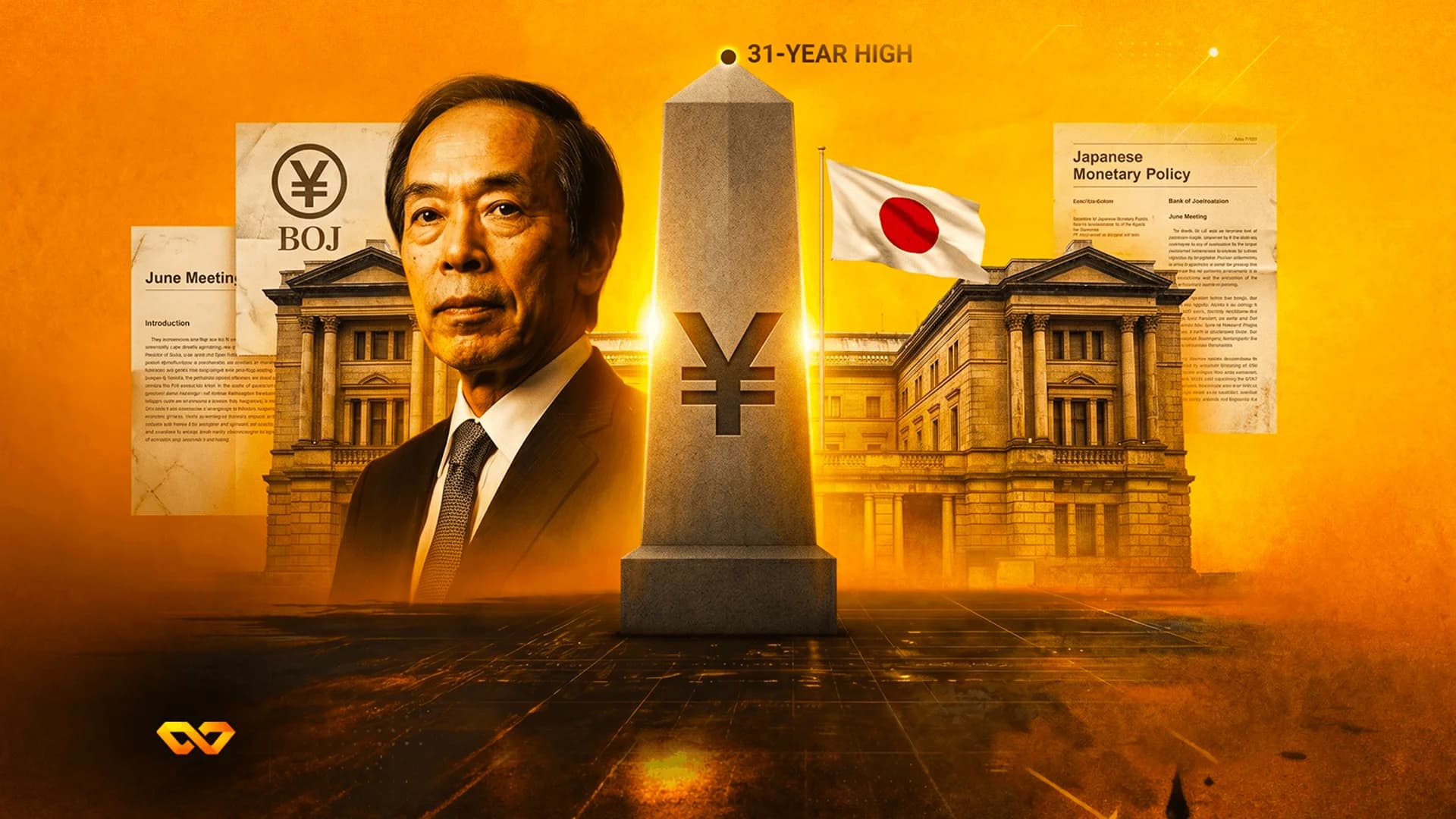 Collage of Kazuo Ueda, a Yen symbol monument, the Bank of Japan building, and a Japanese flag on an orange background.