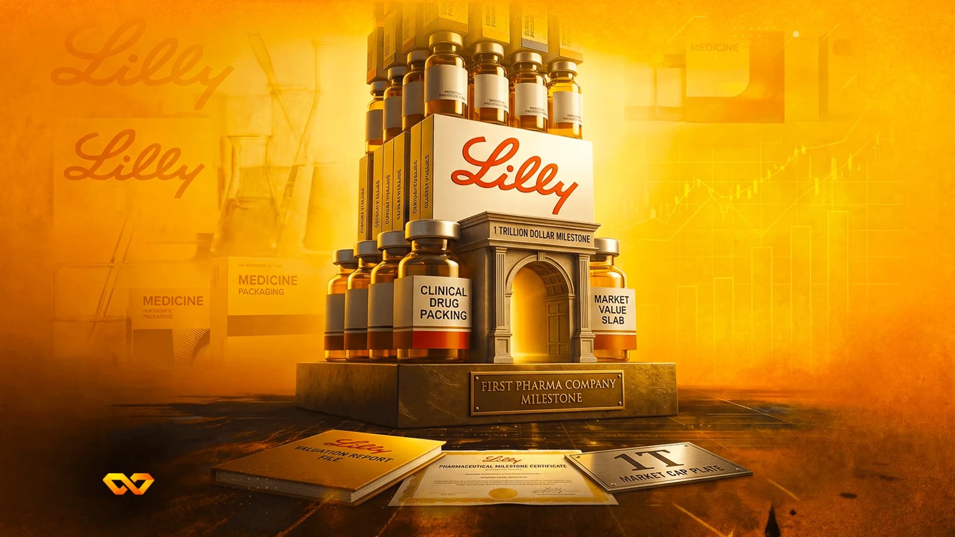 Golden illustration of a monument with medicine vials, the Lilly logo, and text celebrating a trillion-dollar milestone.