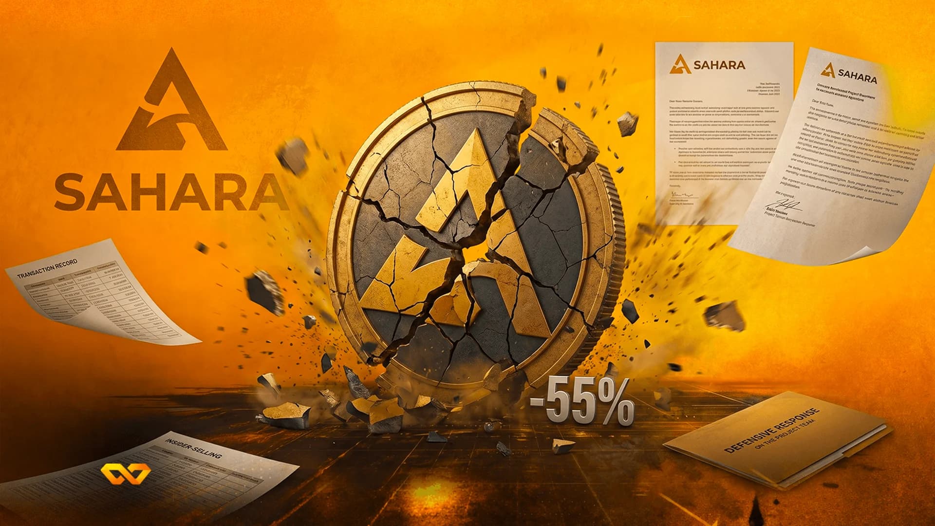 A shattered gold coin with a stylized 'A' logo and 'SAHARA' text, surrounded by documents and a -55% sign.