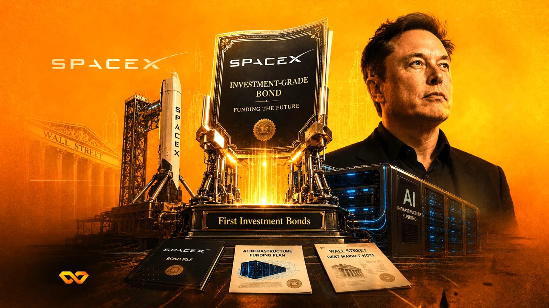 Elon Musk portrait with a SpaceX rocket, a bond plaque, and AI server racks on a textured orange background.