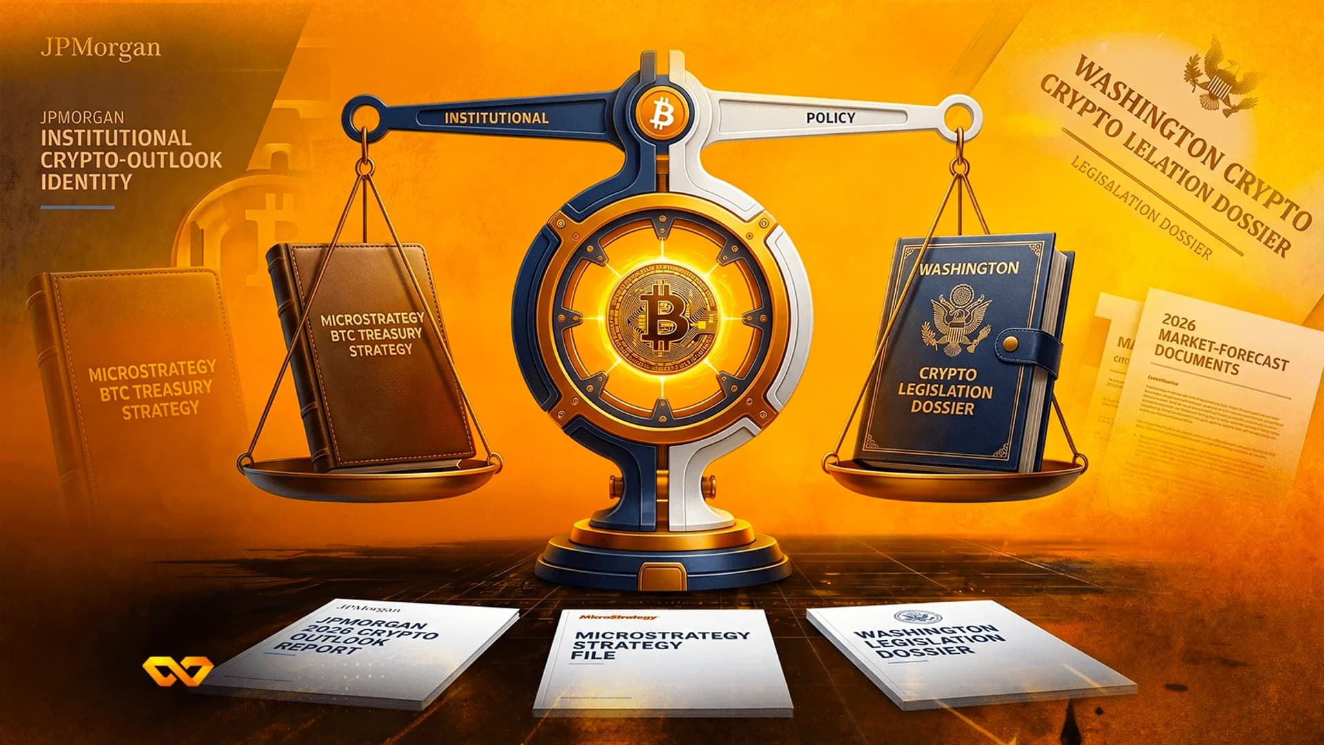 A scale balances a MicroStrategy book and a Washington crypto dossier book under a glowing Bitcoin logo.
