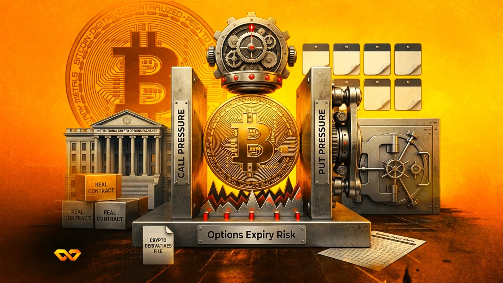 عملة بيتكوين بين لوحي ضغط الشراء والبيع فوق قاعدة مكتوب عليها مخاطر انتهاء صلاحية الخيارات.