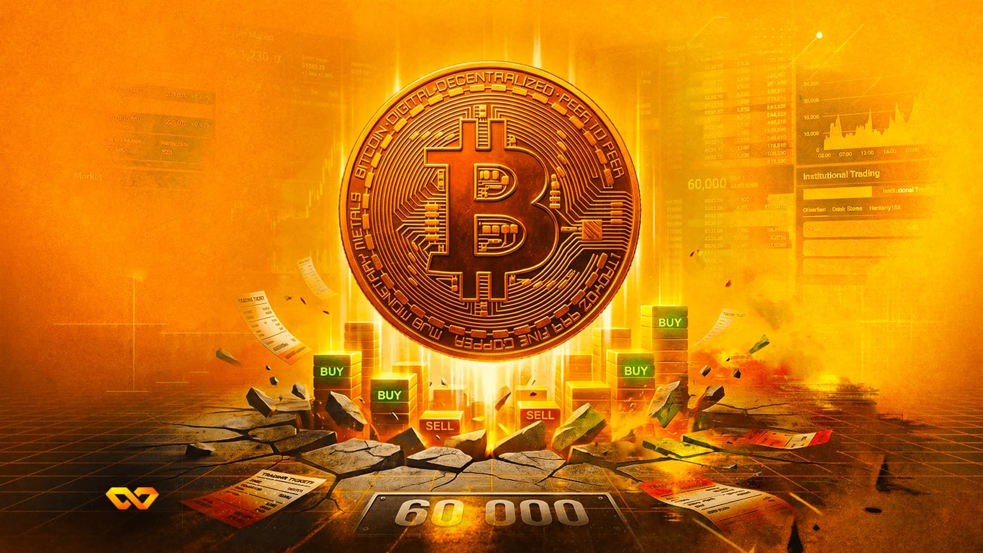 Large gold Bitcoin coin floating over cracked ground with 'BUY' and 'SELL' blocks and a '60 000' sign.