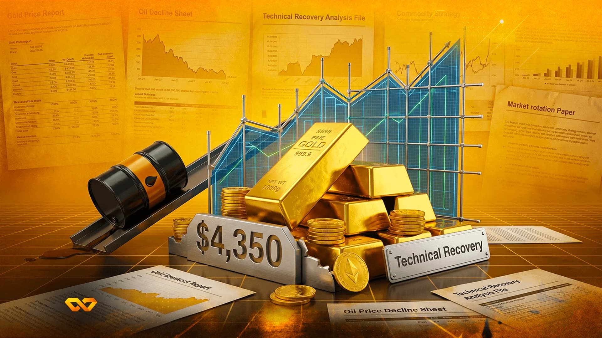 Gold bars, coins, and an oil barrel on a ramp surrounded by financial reports and a $4,350 price tag.