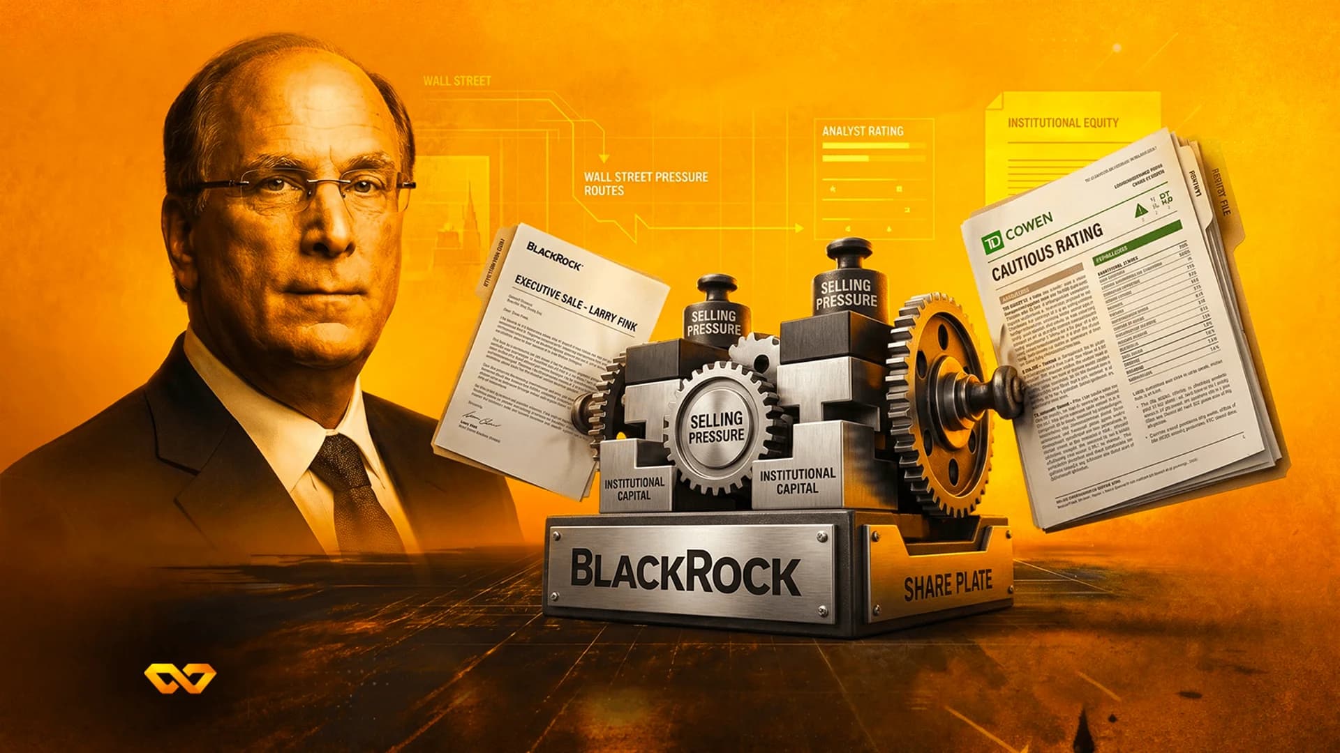 Illustration of Larry Fink beside a metal machine labeled BlackRock, surrounded by financial documents and orange graphics.