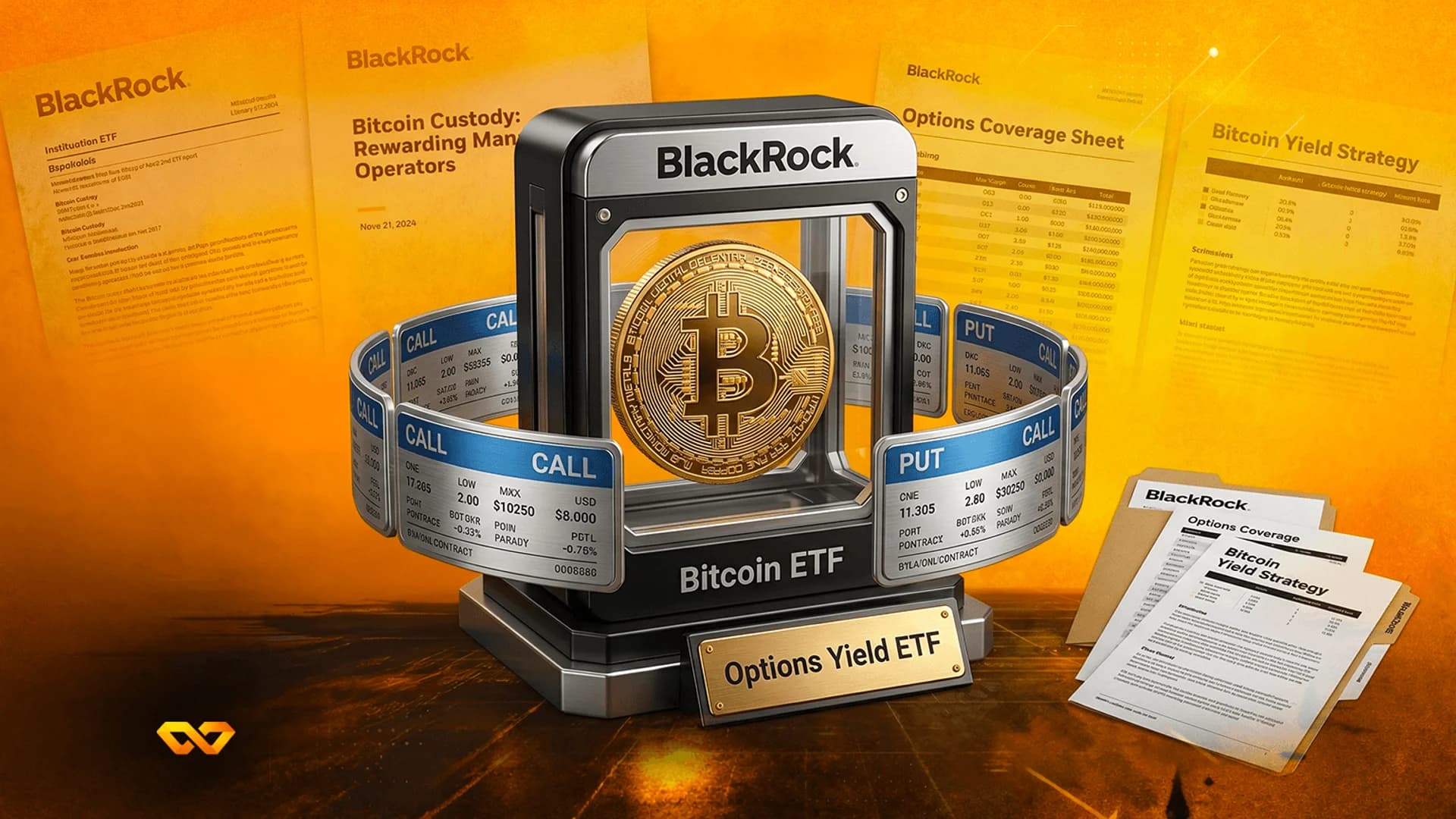 A physical Bitcoin coin inside a BlackRock Bitcoin ETF display case, surrounded by financial documents and ticker tape.
