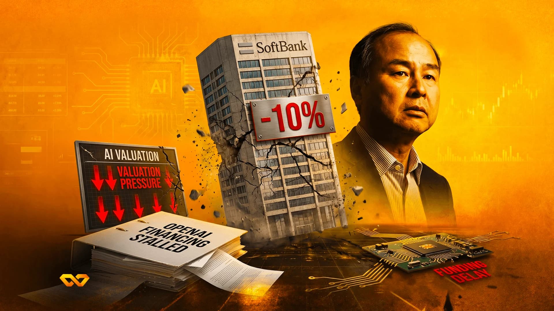 Portrait of Masayoshi Son beside a cracked SoftBank building, AI valuation signs, and a microchip on an orange backdrop.