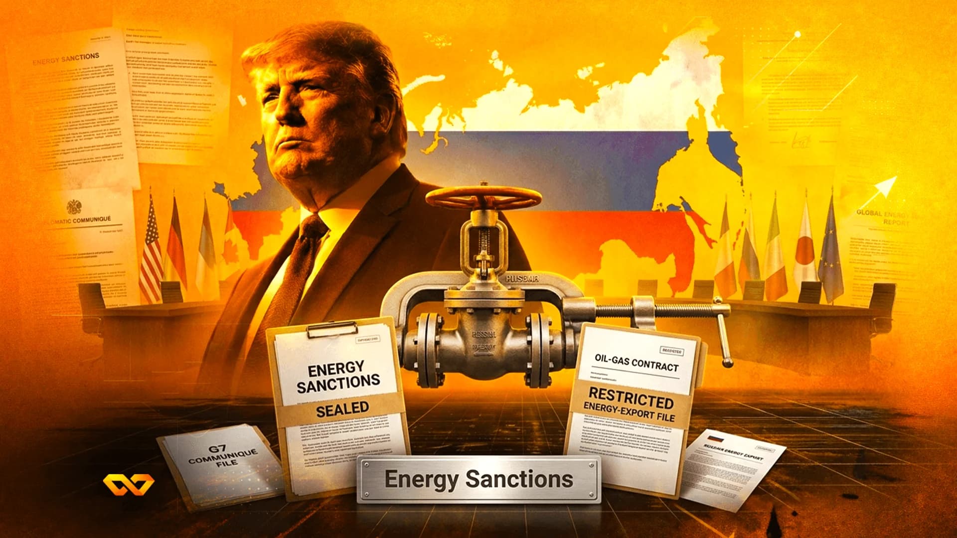 Collage of Donald Trump, a map of Russia, international flags, a pipeline valve, and energy sanction documents.